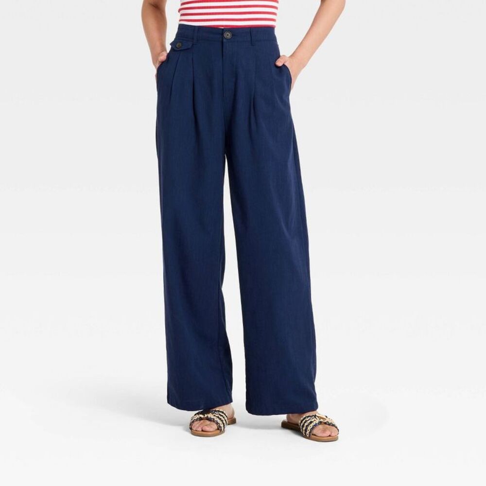 A New Day - Women's Linen Trouser Pants - A New Day Navy Blue Navy Blue - Picture 1 of 3